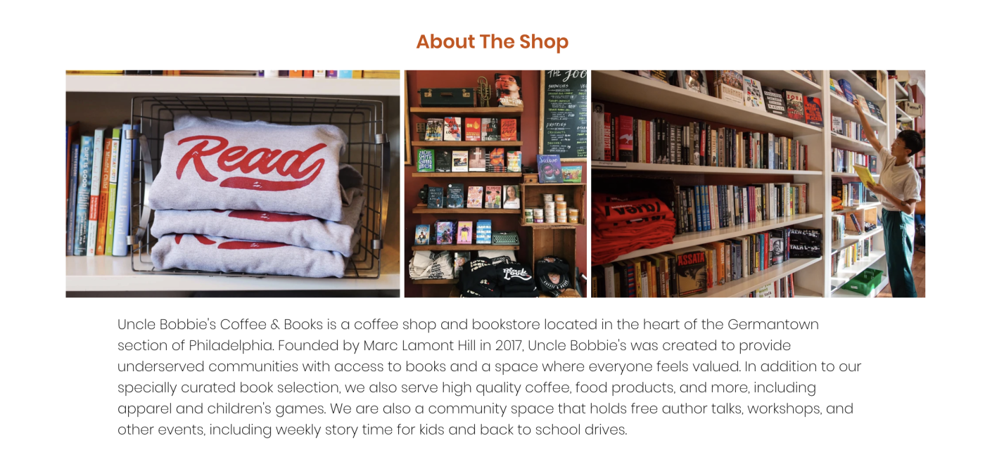 Three picture's of Uncle Bobbie's Coffee & Books store and their mission statement