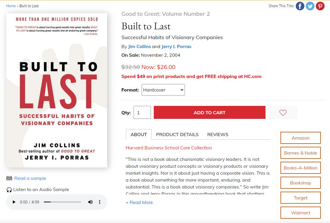 The sales page for Built to Last