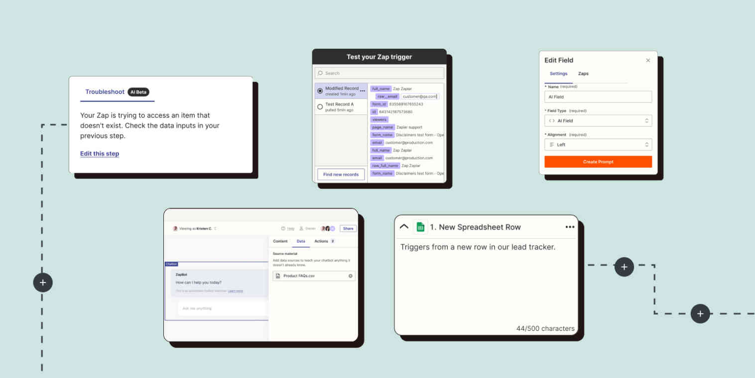 Clockwise from left: Troubleshoot with AI, modify test records, AI fields in Zapier Tables, Zap step notes, and AI Chatbot sources.