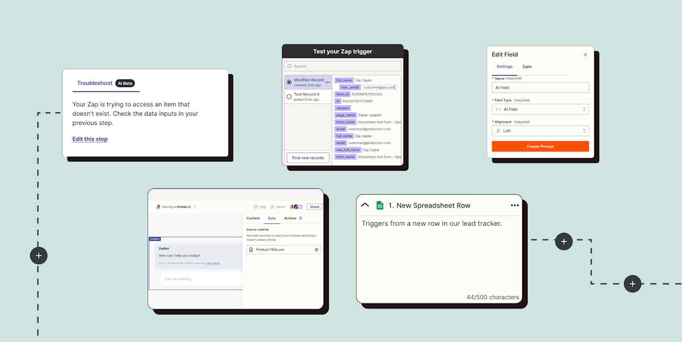 Clockwise from left: Troubleshoot with AI, modify test records, AI fields in Zapier Tables, Zap step notes, and AI Chatbot sources.