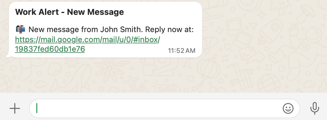 A notification in WhatsApp with an alert that a new message has come in from John Smith, plus a tappable link to Gmail to reply