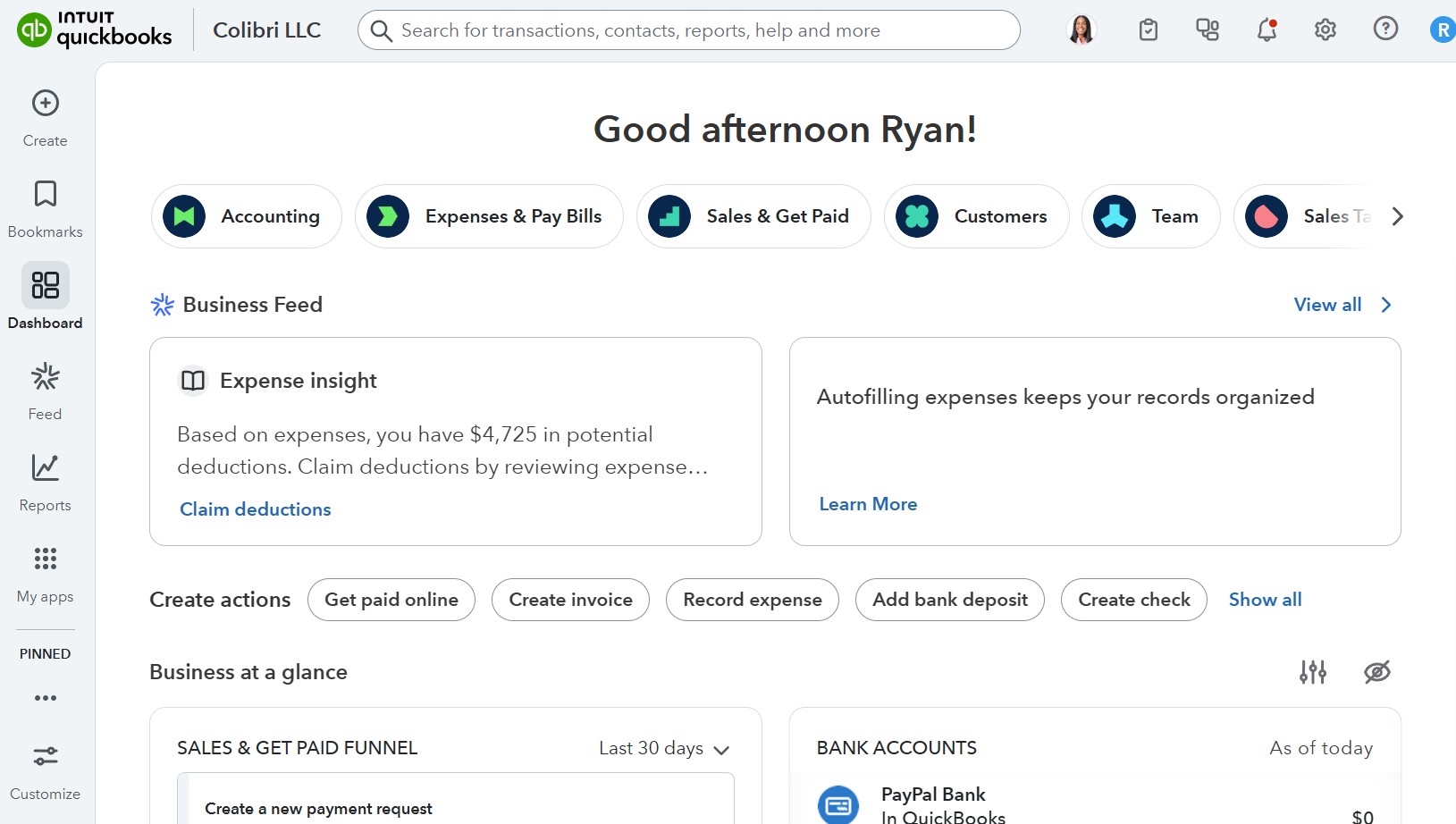 The QuickBooks dashboard