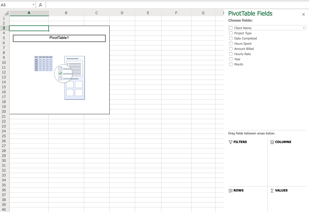 Empty pivot table with pivot table editor on the right