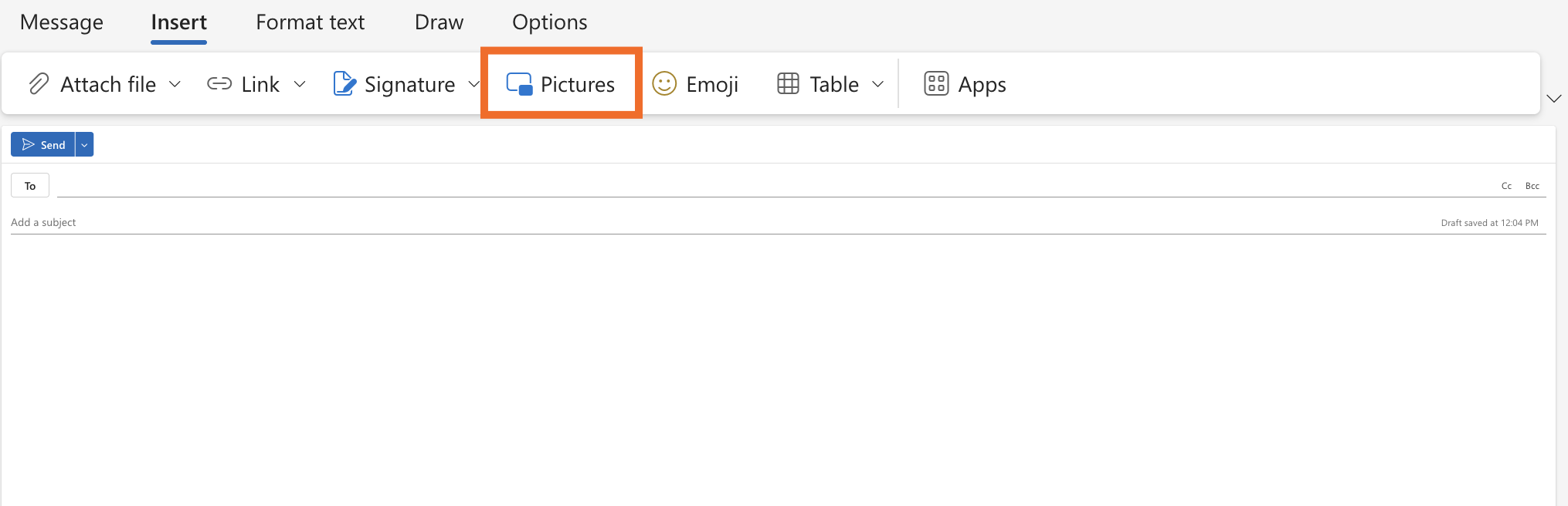 Screenshot showing how to add images within a message in Outlook.