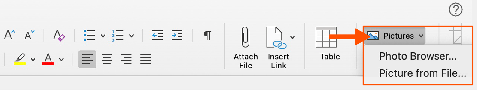 Screenshot showing how to add images within a message in Outlook.