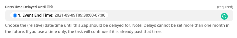 An event end time from Calendly selected as the time to delay a Zap. 