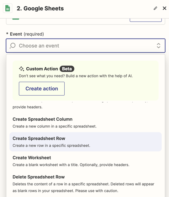 The event dropdown in the Zap editor with Create Spreadsheet Row selected in the dropdown.