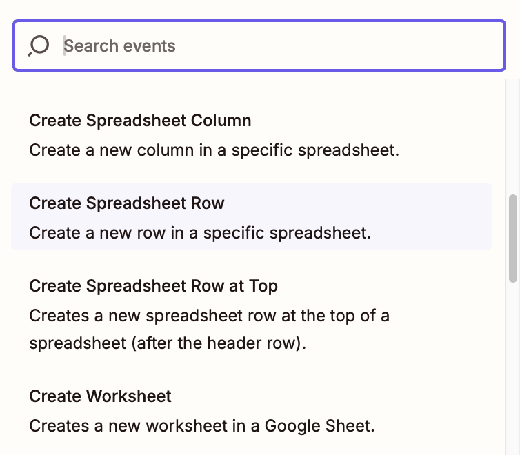 The event dropdown in the Zap editor with Create Spreadsheet Row selected in the dropdown.