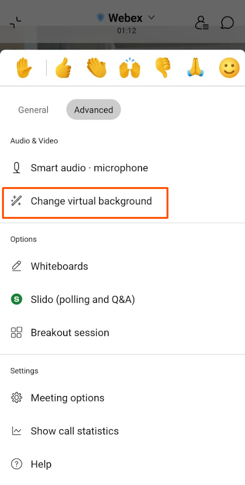 Screenshot of change virtual background option in webex