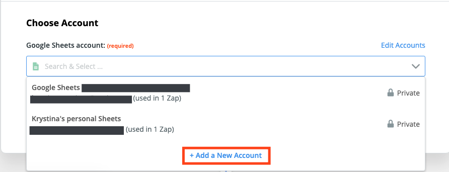 A screenshot of the Zap editor. The dropdown menu lists existing Google Sheets accounts that have already been connected to Zapier. A red box points to the option for adding a new account.