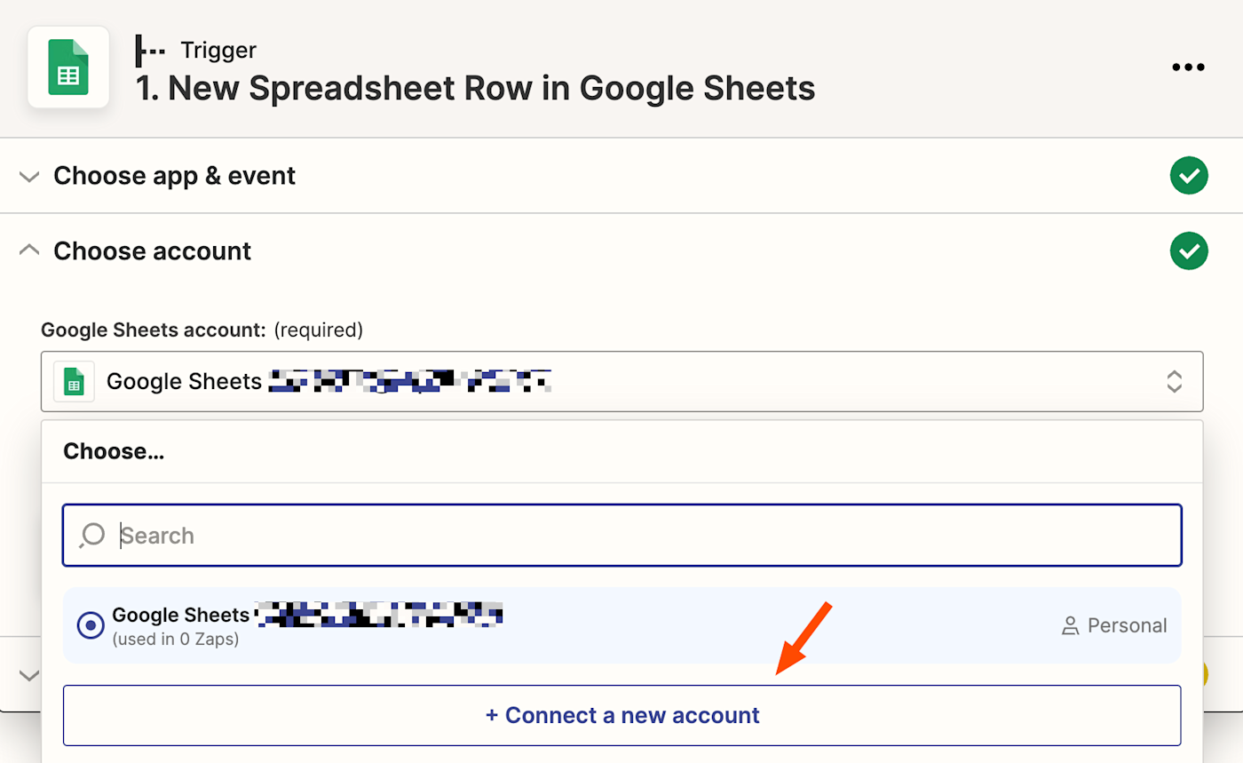 A screenshot of the Zap editor. The dropdown menu lists existing Google Sheets accounts that have already been connected to Zapier. A red box points to the option for adding a new account.