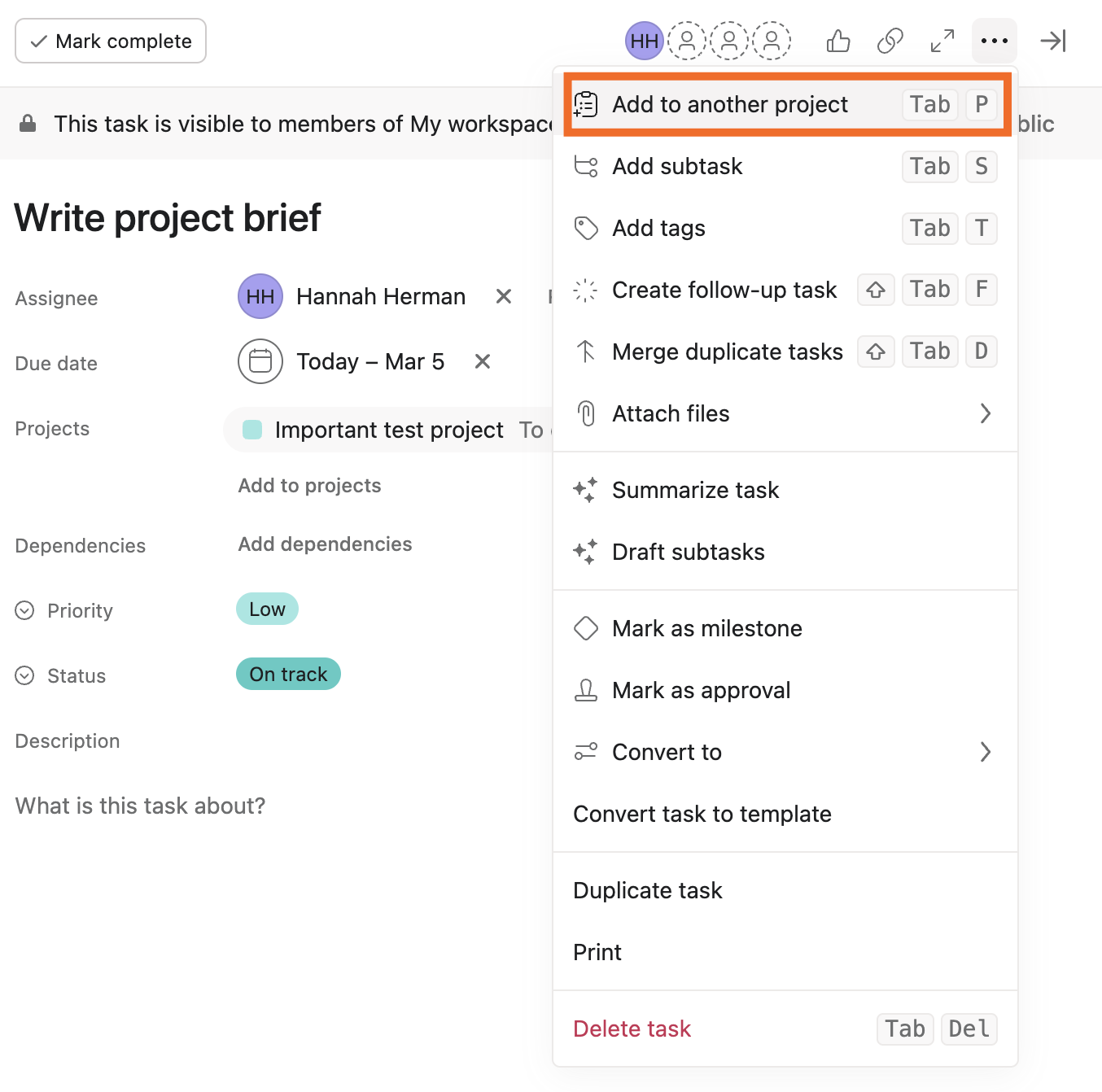 Adding task to another project in Asana