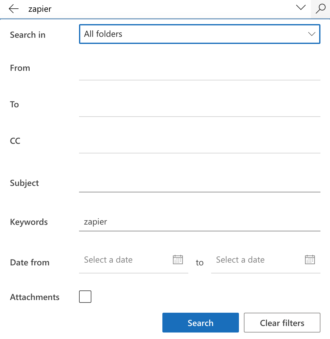 Screenshot of Outlook's search filter. 