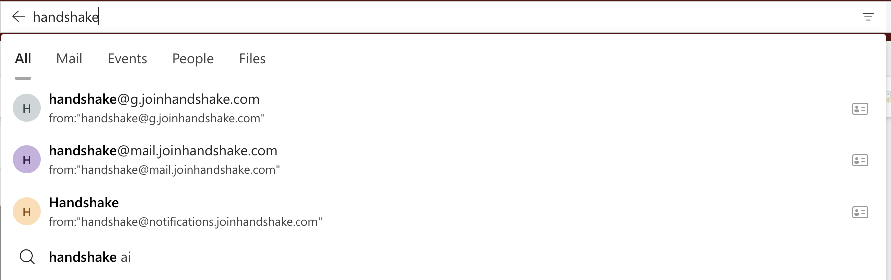 Screenshot of Outlook's search filter, showing only contacts