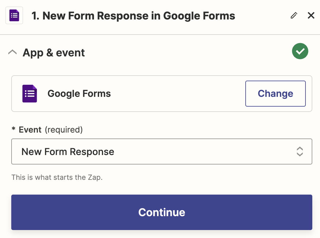 A trigger step in the Zap editor with Google Forms selected as the trigger app and New Form Responses selected for the trigger event.