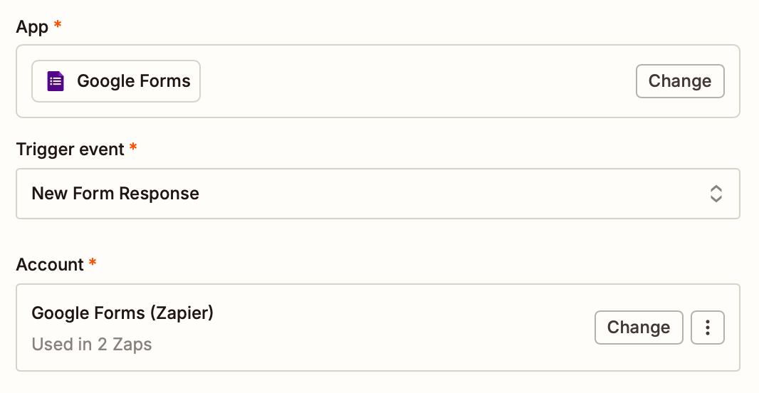 A trigger step in the Zap editor with Google Forms selected as the trigger app and New Form Responses selected for the trigger event.
