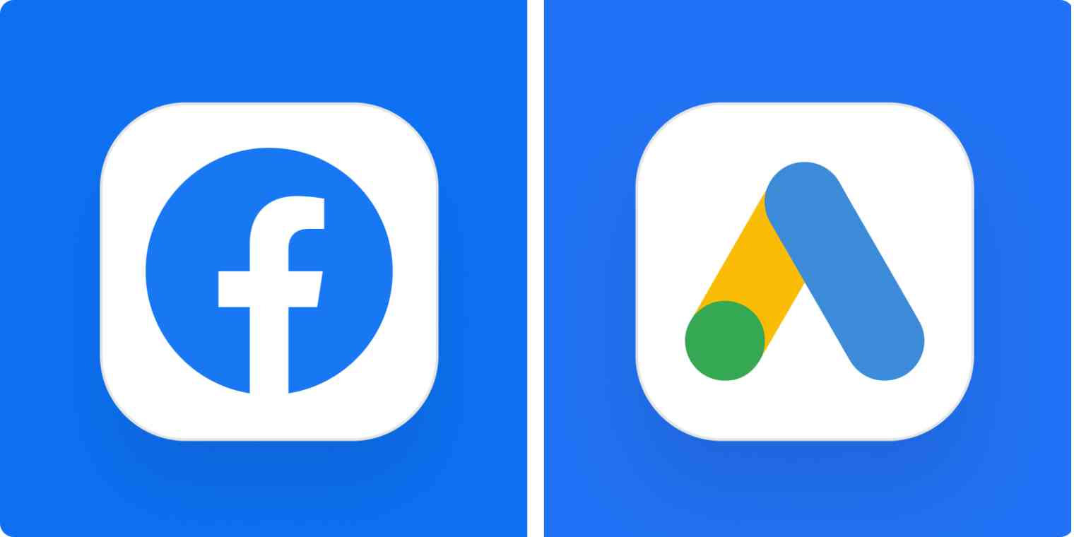 Hero image for app comparisons with the Facebook and Google Ads logos on a blue background