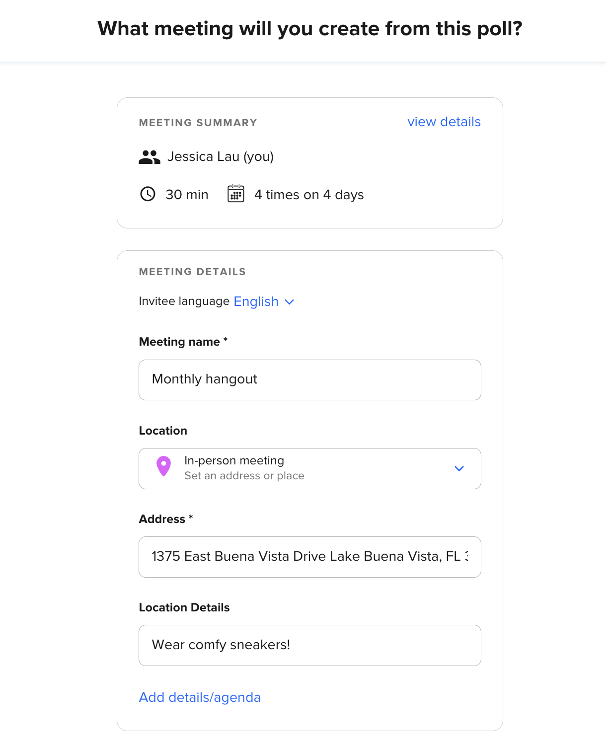 How to edit the meeting details in a Calendly event meeting poll.