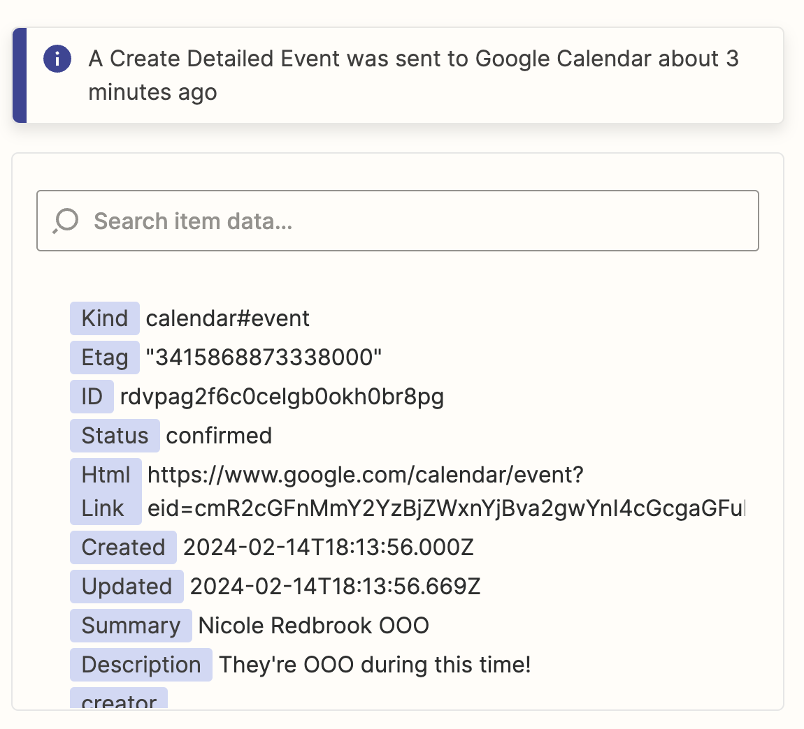 A successful text message in the Zap editor. The preview window shows the calendar information that was created.