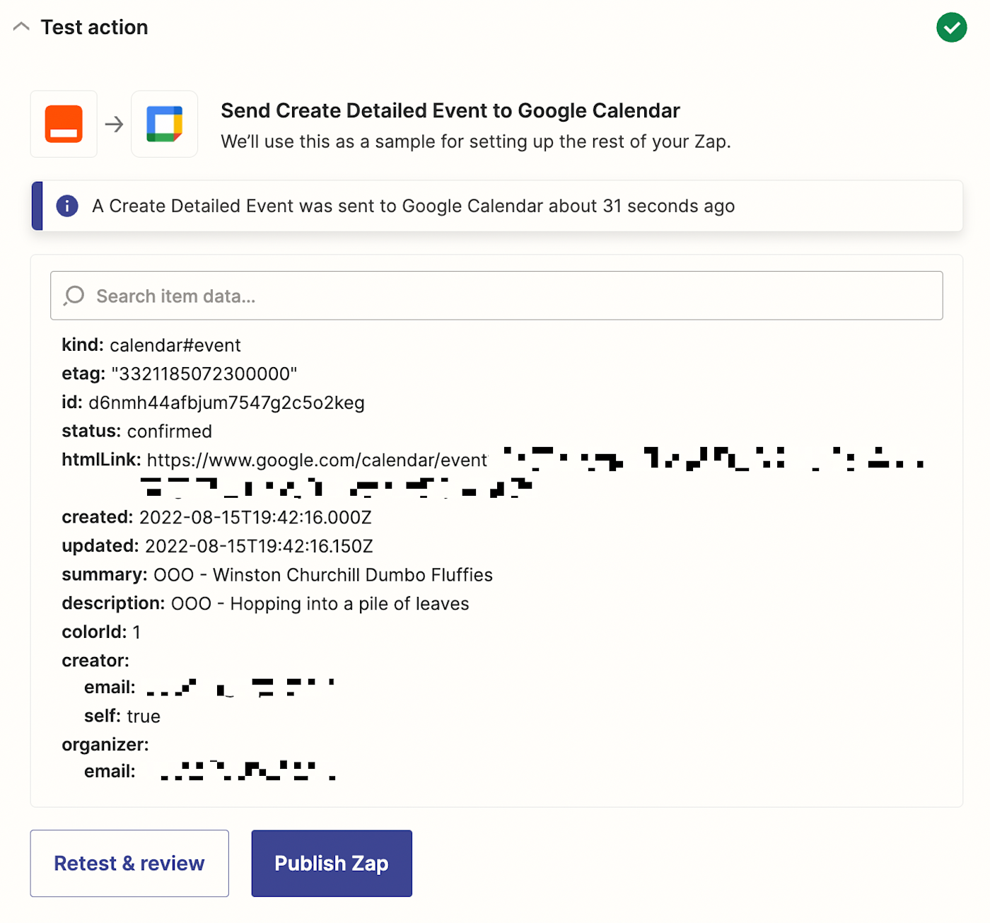 A successful text message in the Zap editor. The preview window shows the calendar information that was created. 