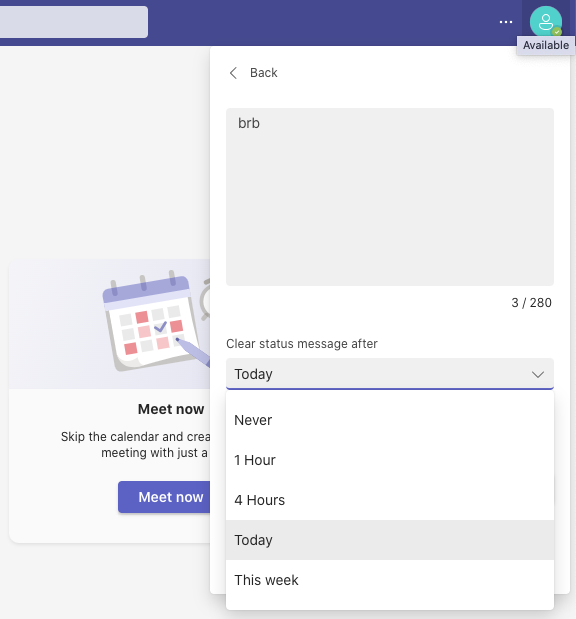 Screenshot of Teams 365 dashboard with profile menu and away status message.