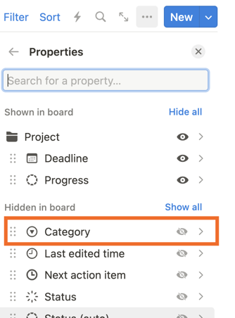 Screenshot of the "Properties" setting in a Notion database, with "Category" circled