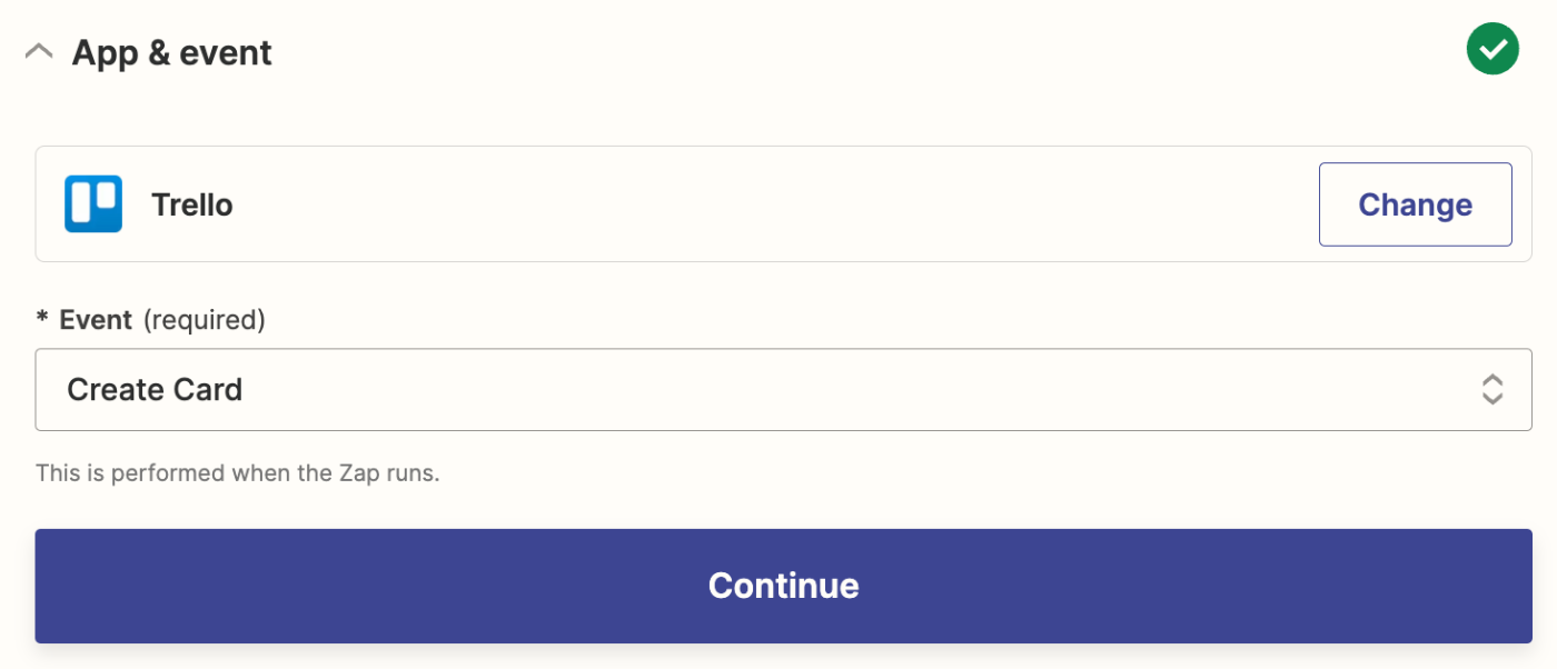 An action step in the Zap editor with Trello selected for the action app and Create Card selected for the action event.