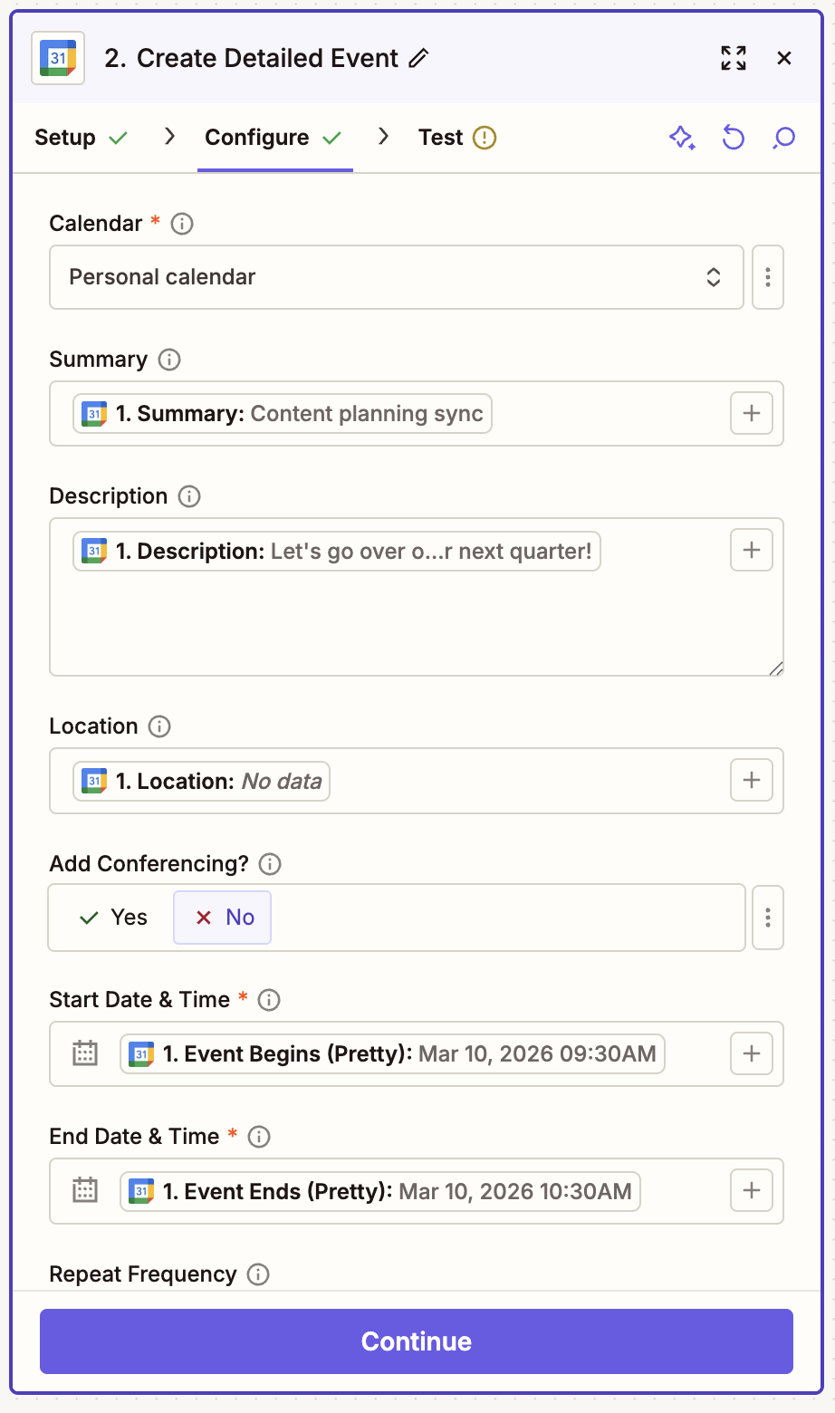 Calendar fields in the Zap editor, including Calendar, Summary, Description, and Location.