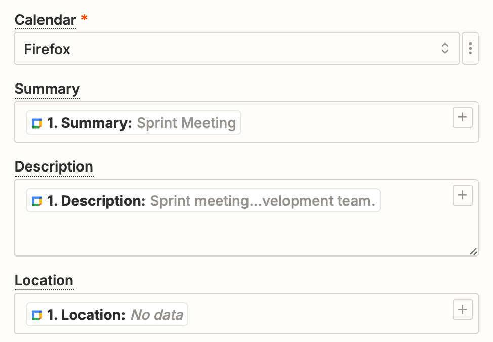 Calendar fields in the Zap editor, including Calendar, Summary, Description, and Location.