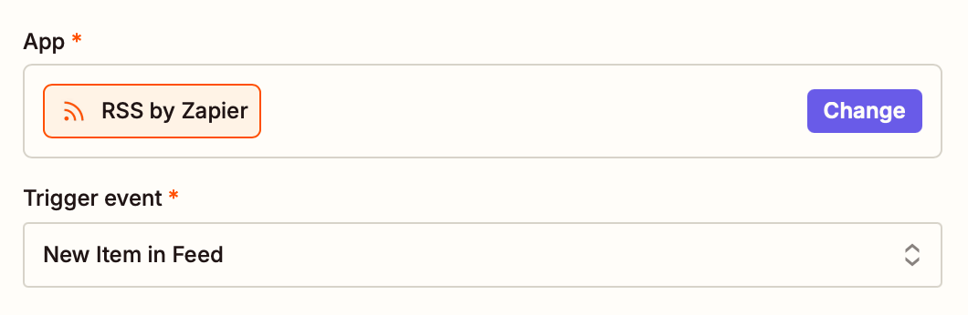 A trigger step in the Zap editor with RSS by Zapier selected for the trigger app and New Item in Feed selected for the trigger event.