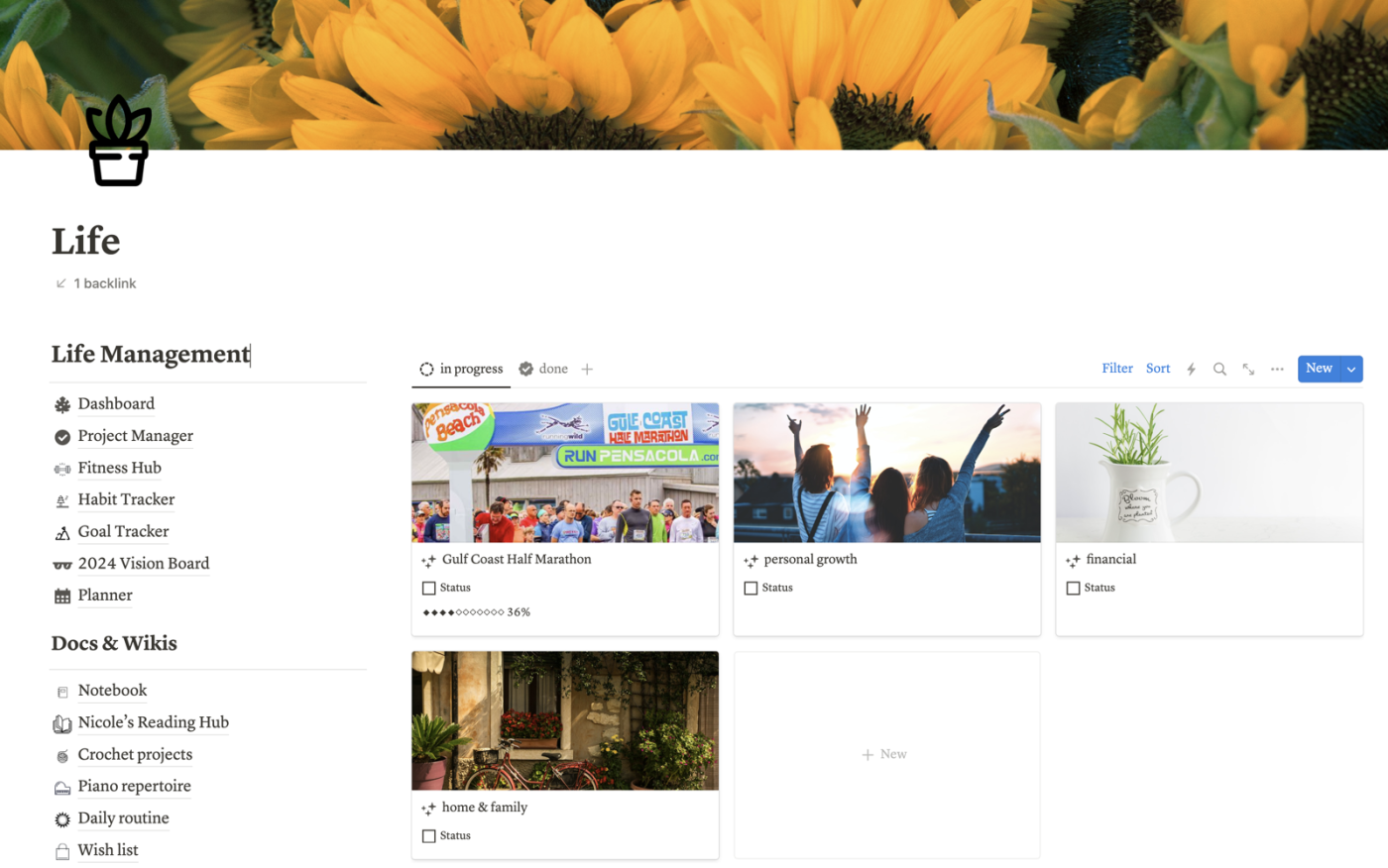 Screenshot of a "life" dashboard in notion, with a gallery of current projects and a sidebar of sub-pages