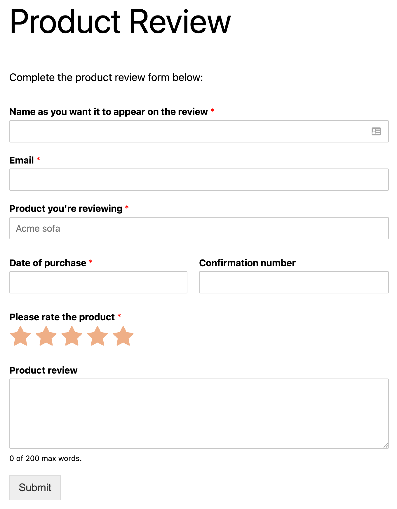 An example product review form on WPForms