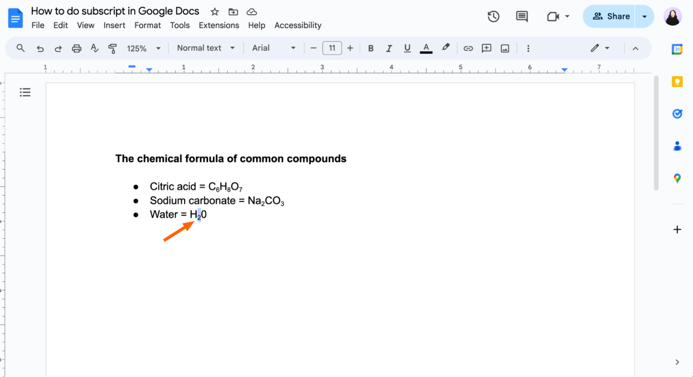 Example of subscript text in Google Docs. 