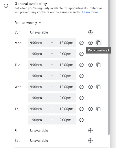 A screenshot of appointment slots with available times listed from Sunday to Saturday. The "Copy time to all" button is highlighted.