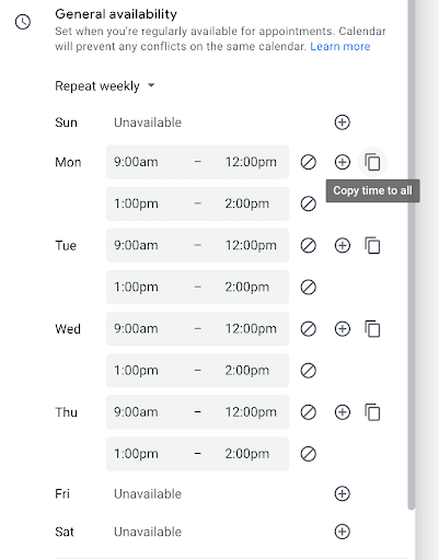 A screenshot of appointment slots with available times listed from Sunday to Saturday. The "Copy time to all" button is highlighted.