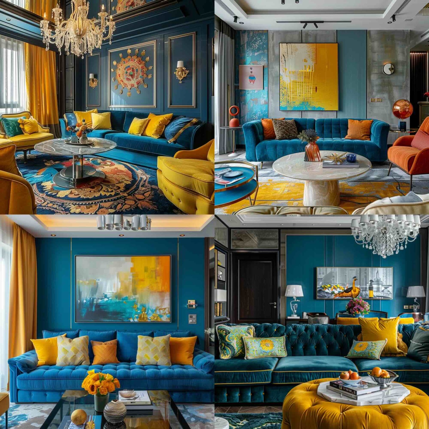 A living room in a luxury apartment, peacock blue and saffron yellow
