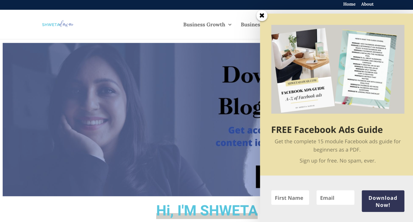 An example of a lead magnet for a free eBook from Shweta Dawar's website