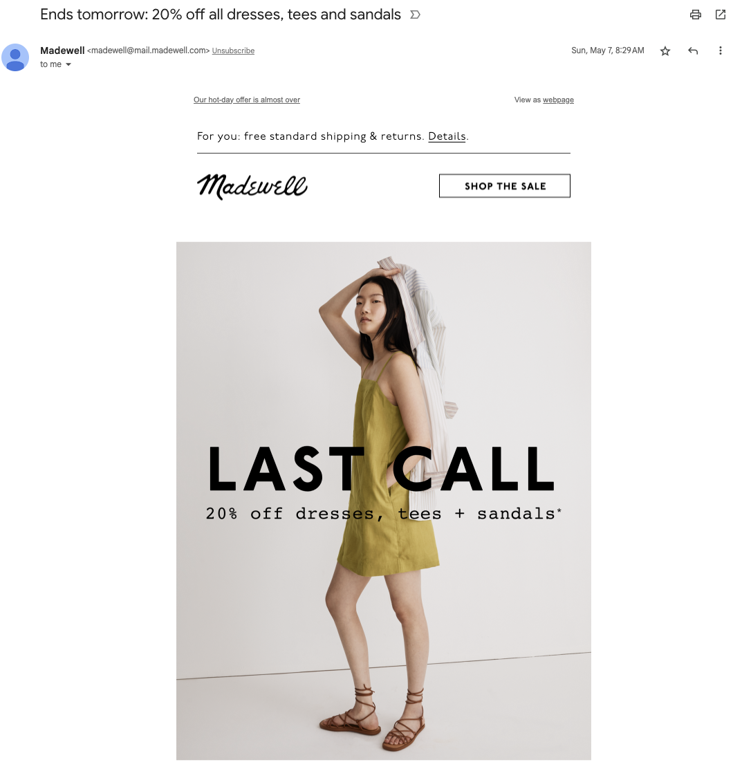 Screenshot example from Madewell demonstrating an email subject line creating a sense of urgency 