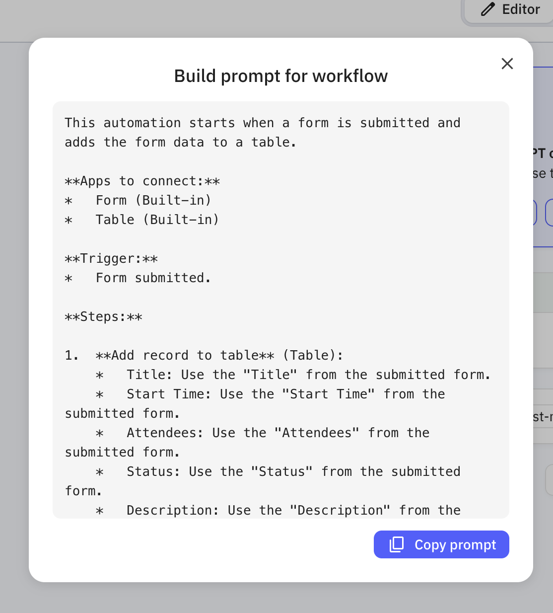 A workflow build prompt window in Relay