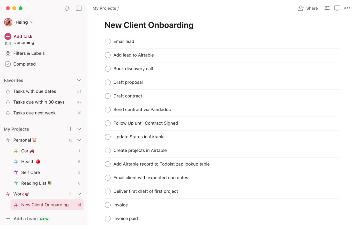 Hsing's client onboarding checklist in Todoist