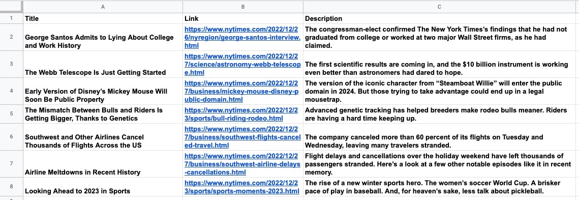 A spreadsheet with details from news stories added to the three columns.