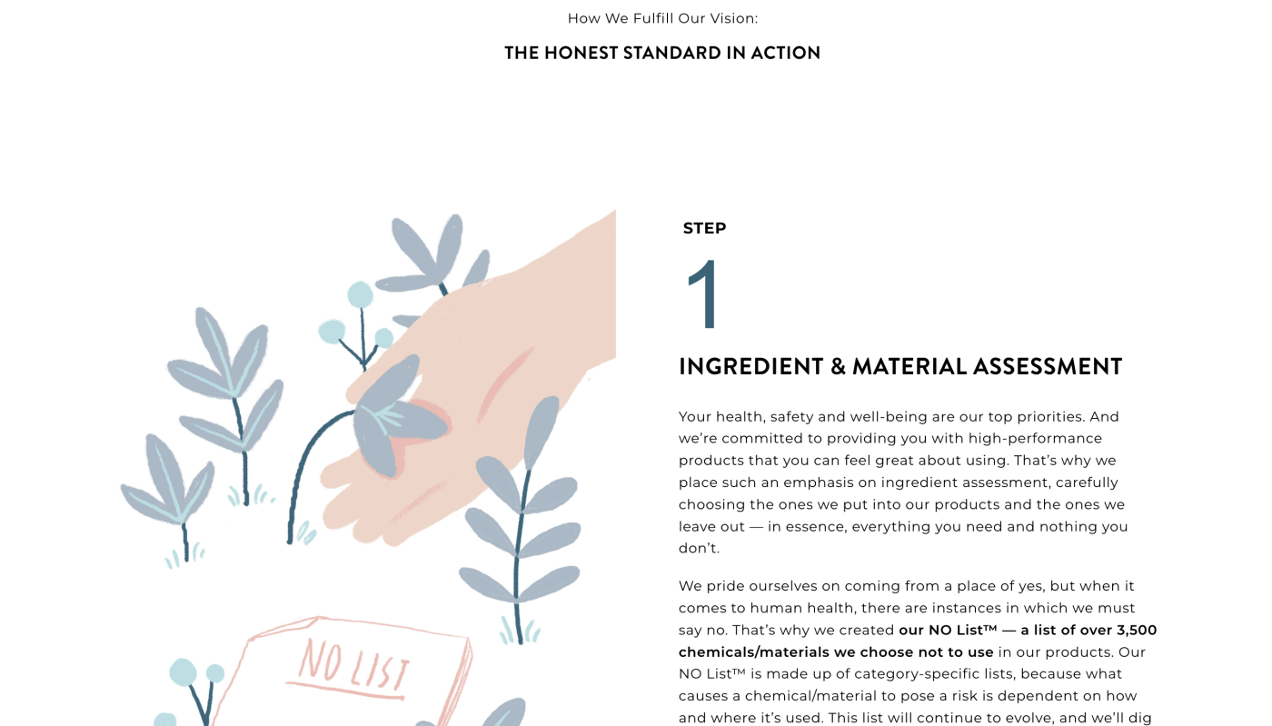 A screenshot from the Honest Company website with Step 1: Ingredient and Material Assessment 