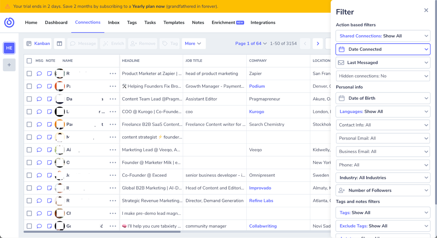 List of LinkedIn contacts in LeadDelta.