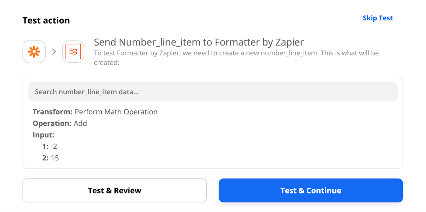 The orange Zapier icon and the orange formatter icon with a blue button that reads "Test & Continue".