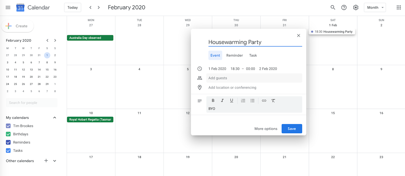 A screenshot of Google Calendar