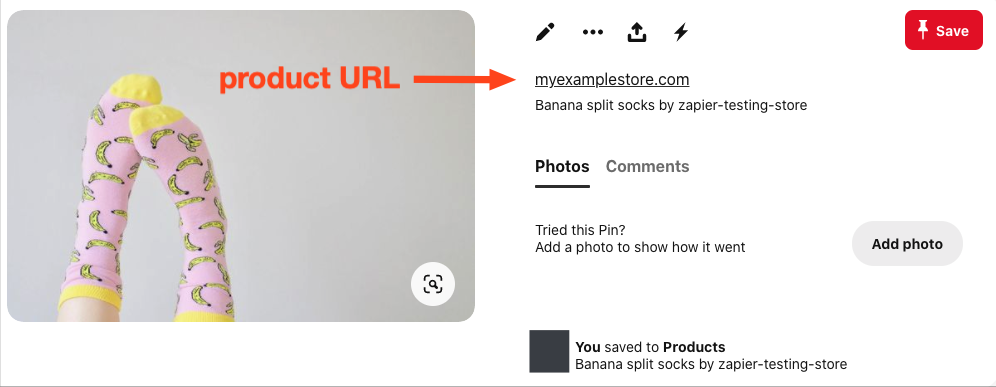 A screenshot of a Shopify product as a Pinterest pin. An arrow shows where the link configured through your Zap will appear.