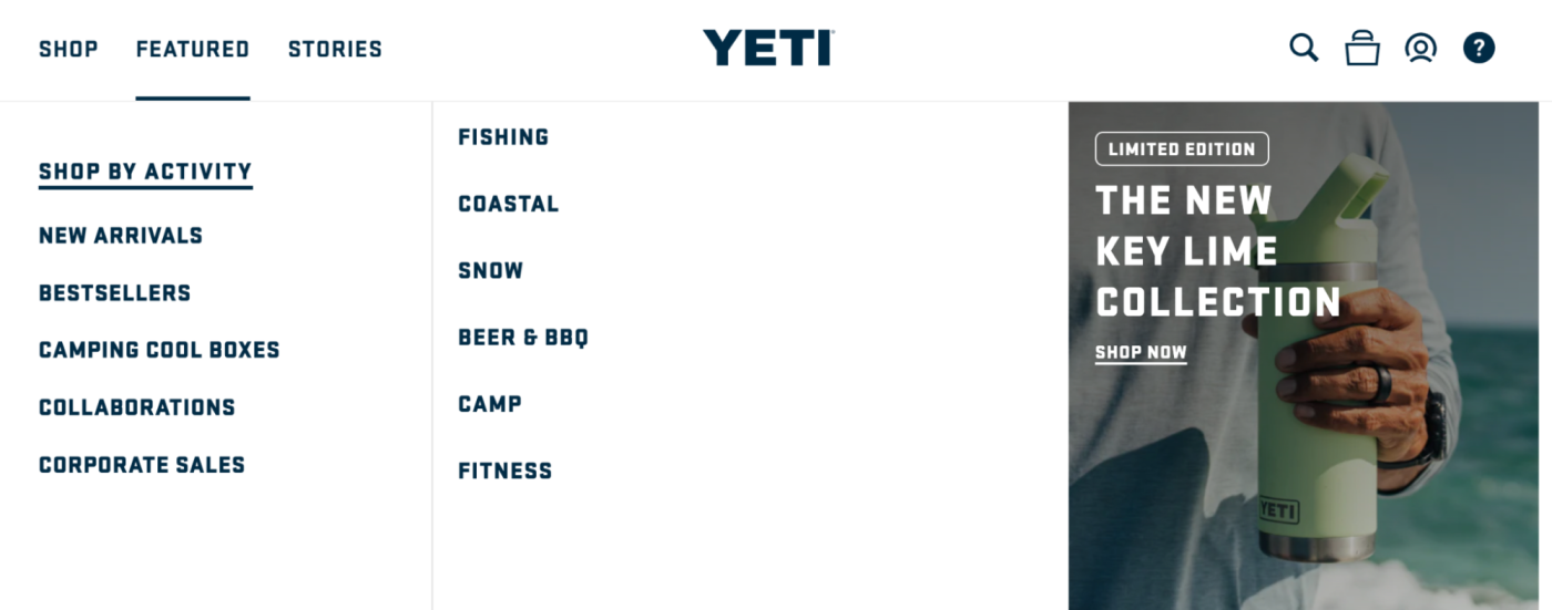 YETI's categories dropdown on their Shopify store