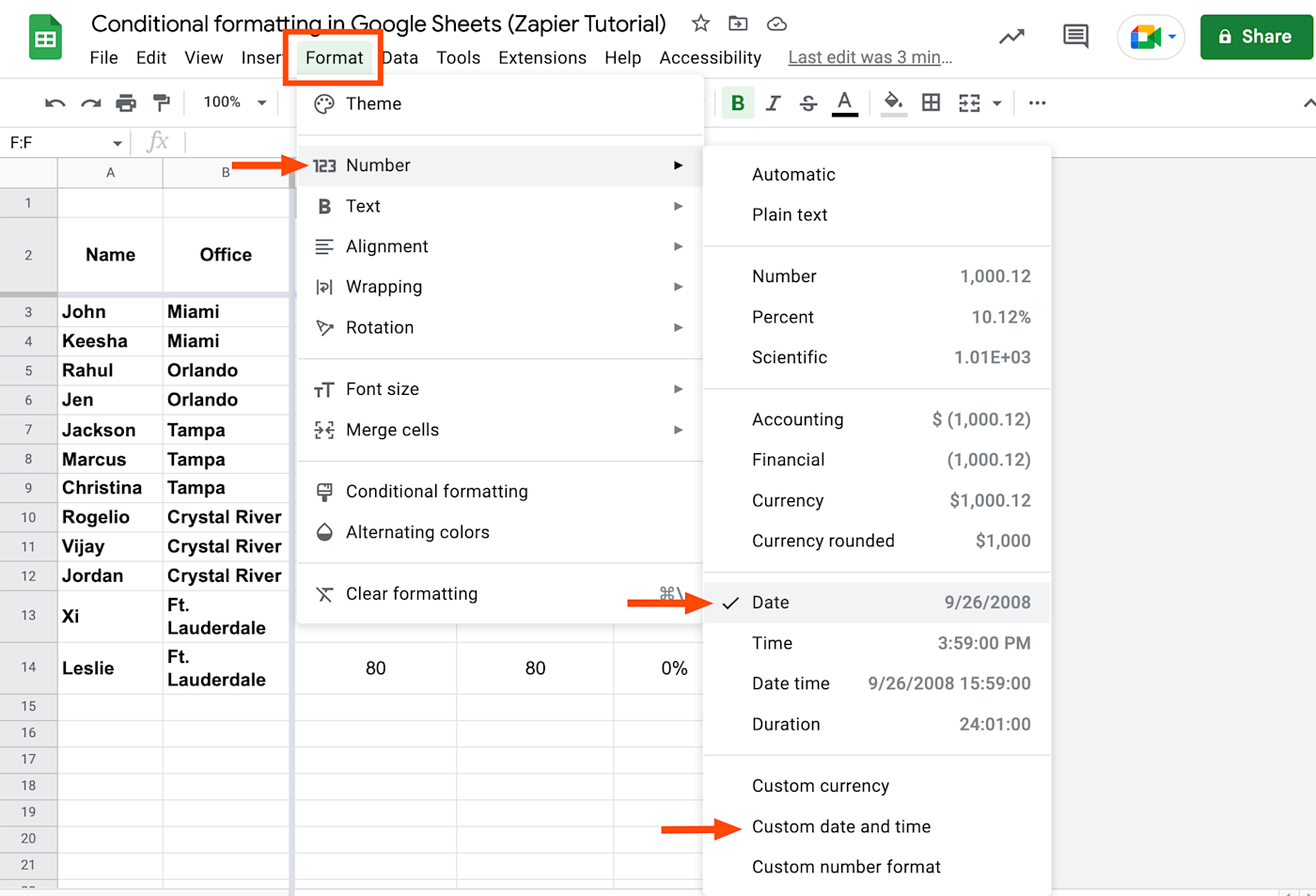 Portion of a Google Sheets spreadsheet with arrows pointing to two format options to customize the date.