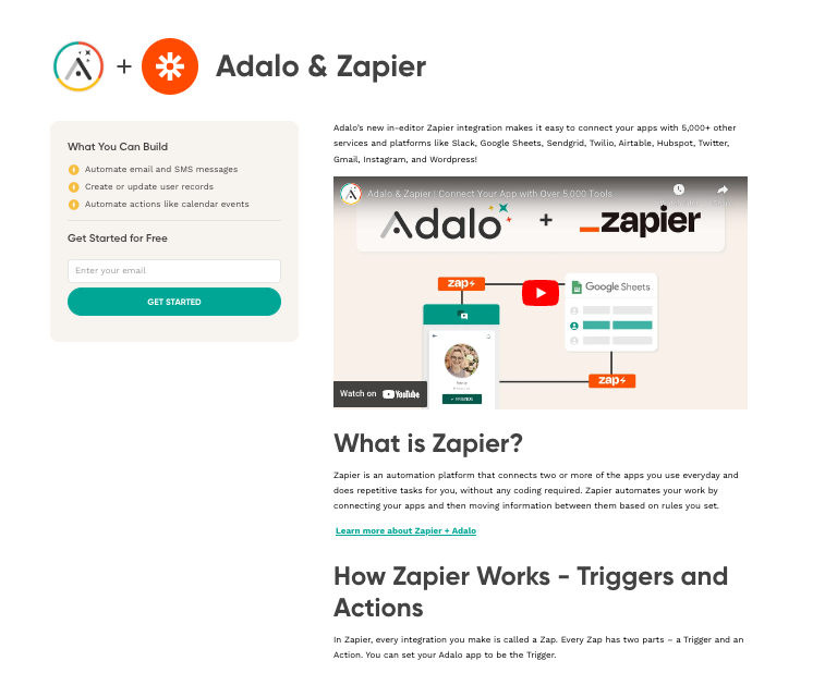 Adalo's integration page for their Zapier integration. It includes a YouTube tutorial and resources to get started.