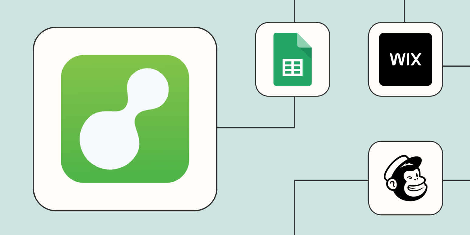 The ServiceM8 logo connected to the logos for Google Sheets, Wix, and Mailchimp against a light blue background